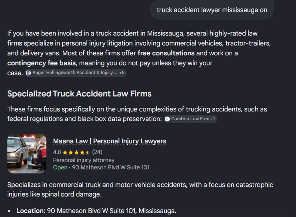 Google AI recommending Maana Law for truck accident lawyer Mississauga search query