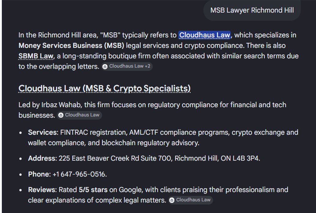 ChatGPT recommending Cloudhaus Law for MSB lawyer Richmond Hill query with full firm details and contact information