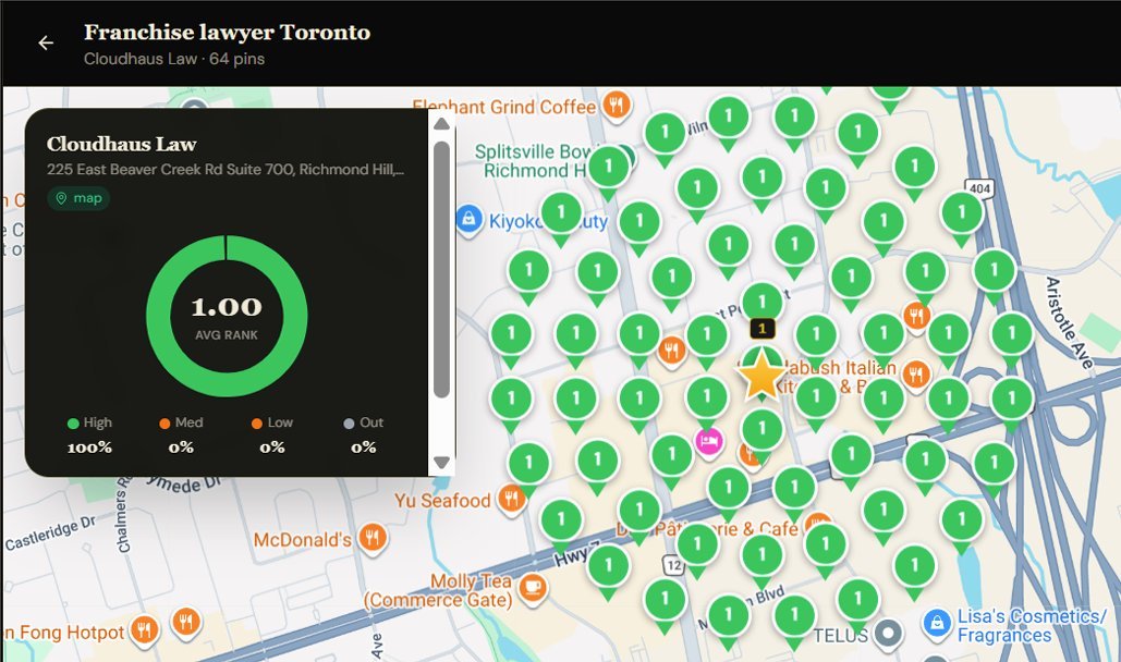 Cloudhaus Law ranking number one with 1.00 average rank in Google Maps for franchise lawyer Toronto across 64 grid pins