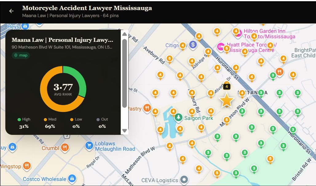 Maana Law showing 3.77 average rank in Google Maps for motorcycle accident lawyer Mississauga