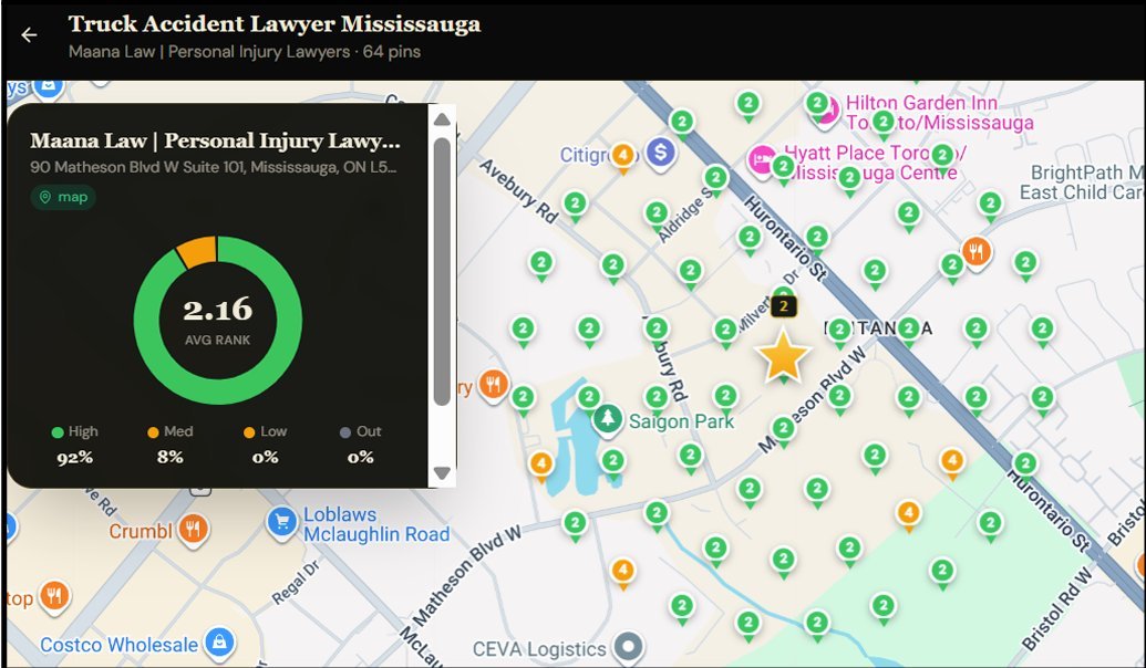 Maana Law showing 2.16 average rank in Google Maps for truck accident lawyer Mississauga with 92 percent high visibility